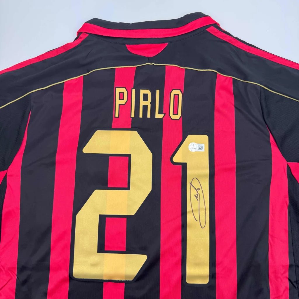 Black and red striped PIRLO 21 jersey with signature for professional sports league fans
