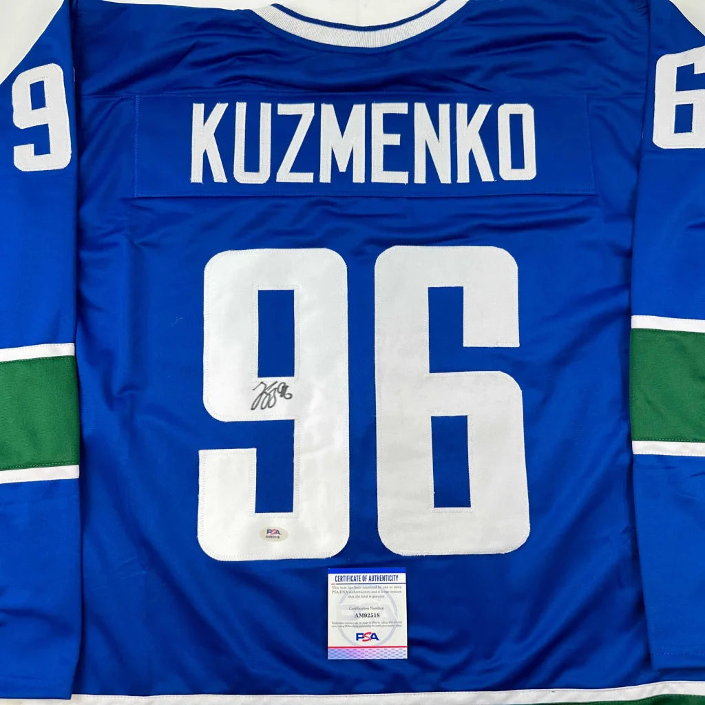 Autographed Andrei Kuzmenko Vancouver Canucks blue custom jersey, number 96