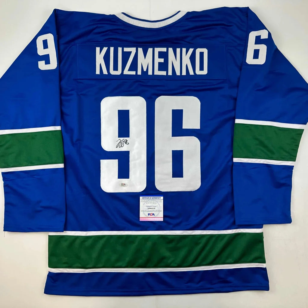 Autographed Andrei Kuzmenko Vancouver Canucks custom jersey with 96, blue and green, PSA/DNA COA