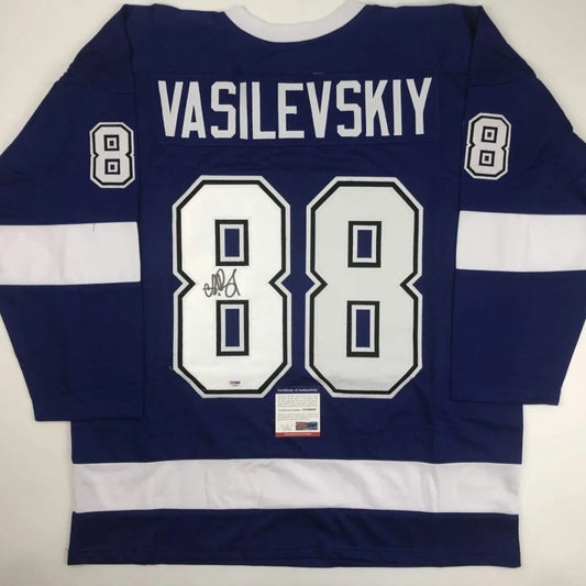Autographed Andrei Vasilevskiy Tampa Bay Blue Hockey Jersey PSA/DNA COA | Hall of Fame Sports Memorabilia | vintageantiquesgifts.com