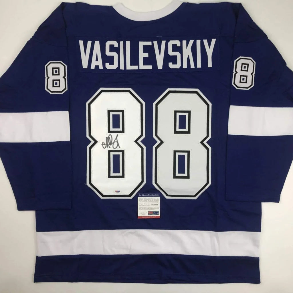 Blue and white Vasilevskiy 88 jersey with autograph for professional sports league fans