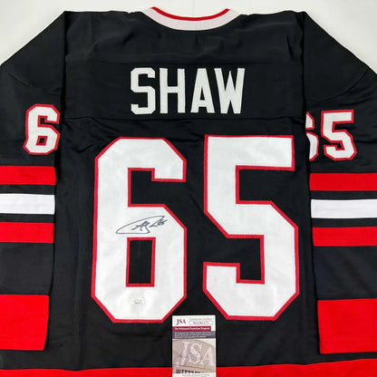 Autographed Andrew Shaw Chicago Black Hockey Jersey JSA COA | Certified Authentic Signed Memorabilia | vintageantiquesgifts.com