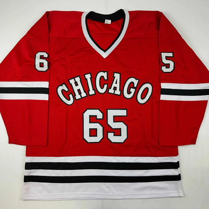 Red hockey jersey with white and black trim from Authentic Shaw 65 custom jersey for Professional Sports League
