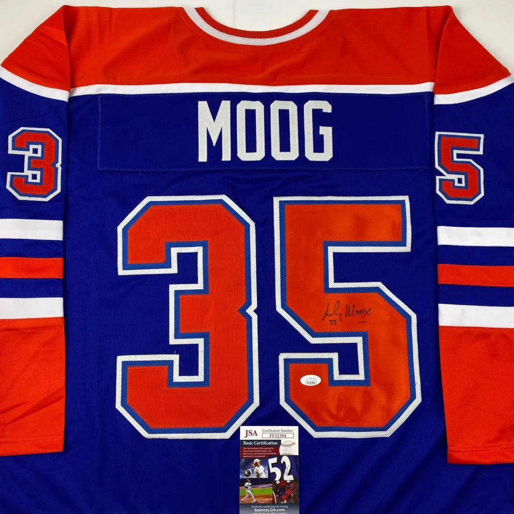 Autographed Andy Moog Edmonton Oilers custom jersey, number 35