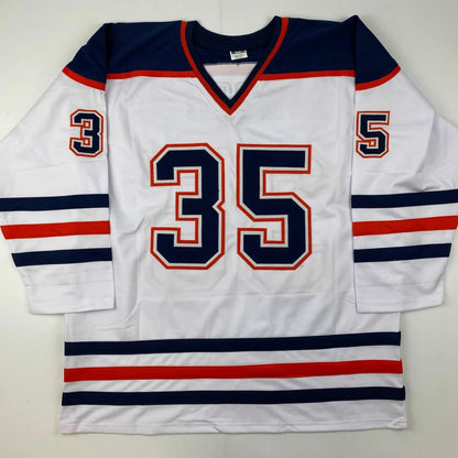 Autographed Andy Moog Edmonton White Hockey Jersey JSA COA | Authenticated Signed Sports Jersey | vintageantiquesgifts.com