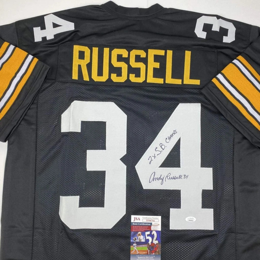 Black American football jersey with yellow and white stripes, custom jersey from your favorite player Andy Russell JSA COA