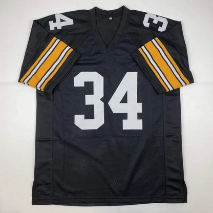 Black custom jersey with white 34 number and yellow white striped sleeves featuring Andy Russell JSA COA, your favorite player