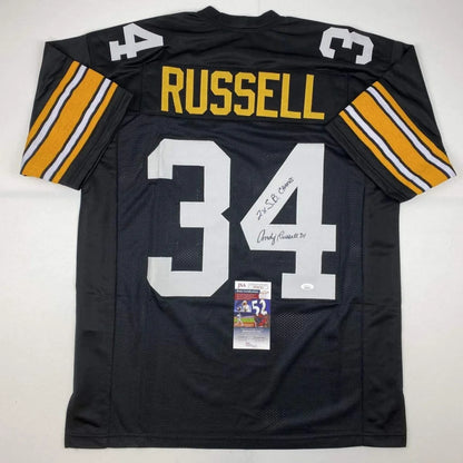 Autographed Black custom jersey with RUSSELL 34, Andy Russell JSA COA, your favorite player