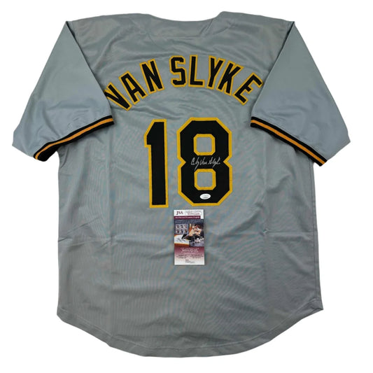 Gray VAN SLYKE custom jersey with autograph and JSA sticker for professional sports fans
