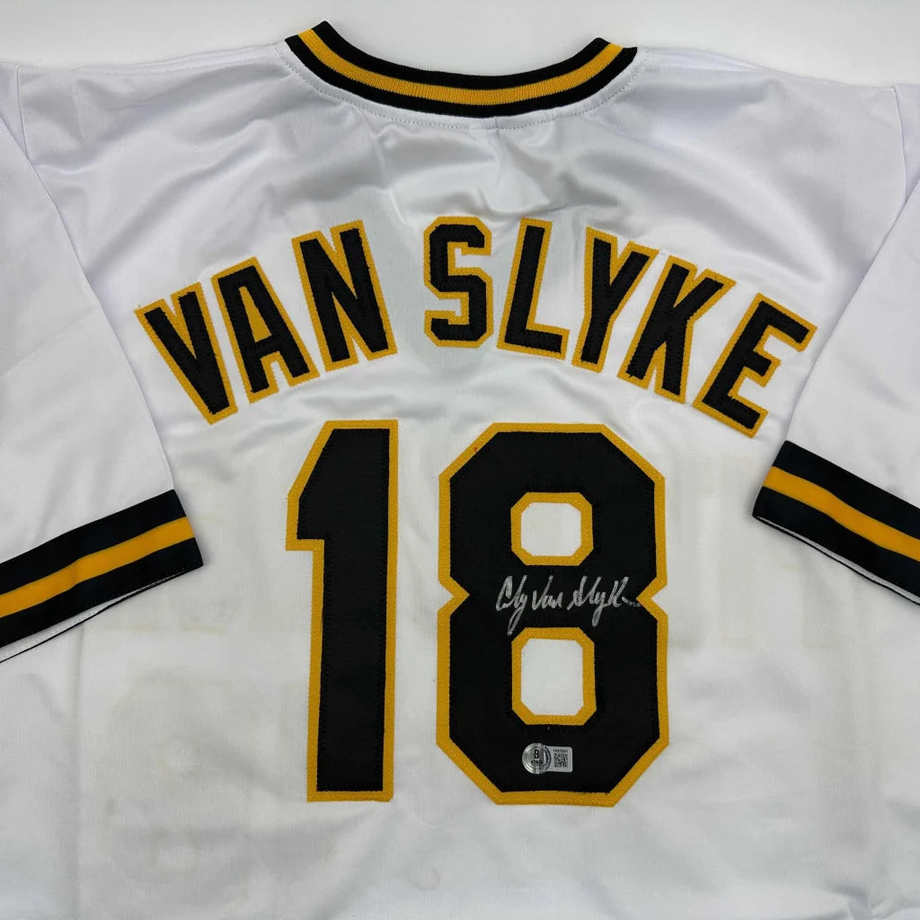 Autographed Andy Van Slyke Pittsburgh White Baseball Jersey Beckett BAS COA | Certified Authentic Signed Memorabilia | vintageantiquesgifts.com