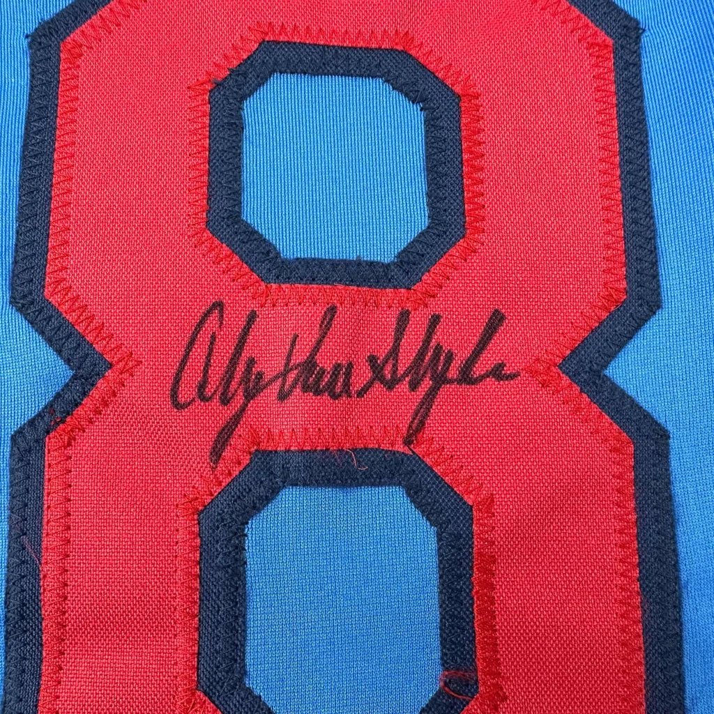 Autographed Andy Van Slyke custom jersey with red blue embroidered 8 and signature