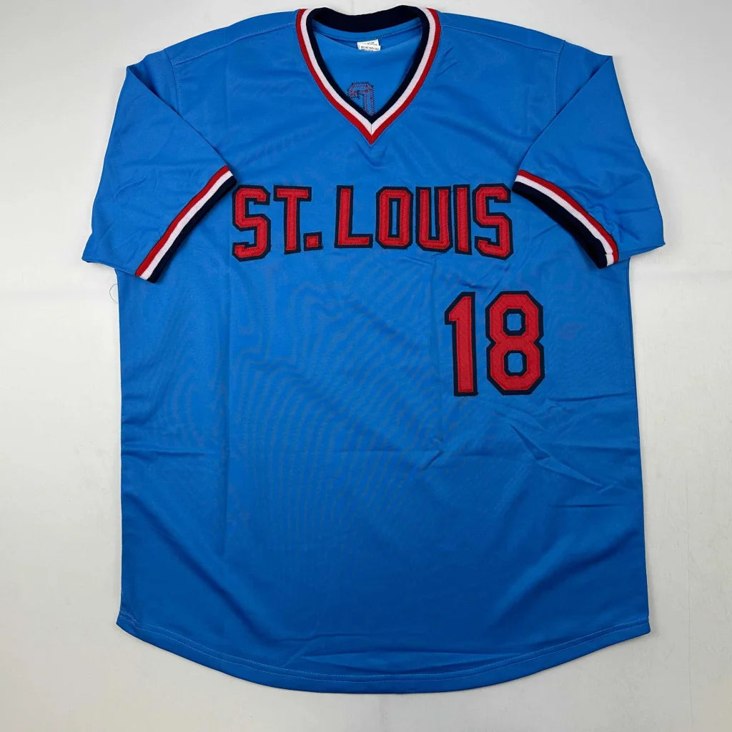 Blue short-sleeved custom jersey with red and white trim from Van Slyke signed professional sports collectible