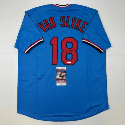 Blue custom jersey with VAN SLYKE 18 signed by a pro baseball player for sports fans