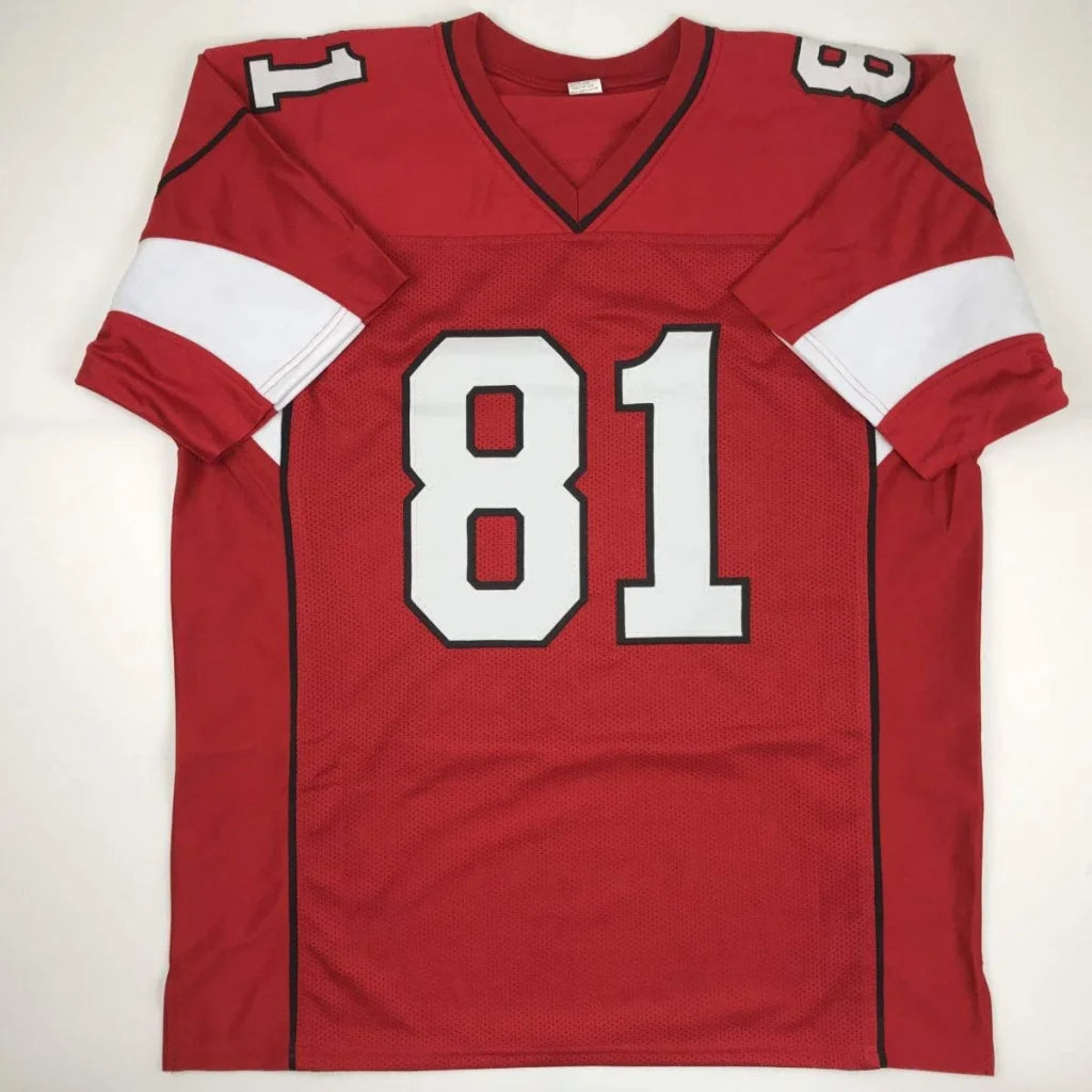 Autographed Anquan Boldin Arizona custom red football jersey with white and black accents featuring number 81 from professional sports league