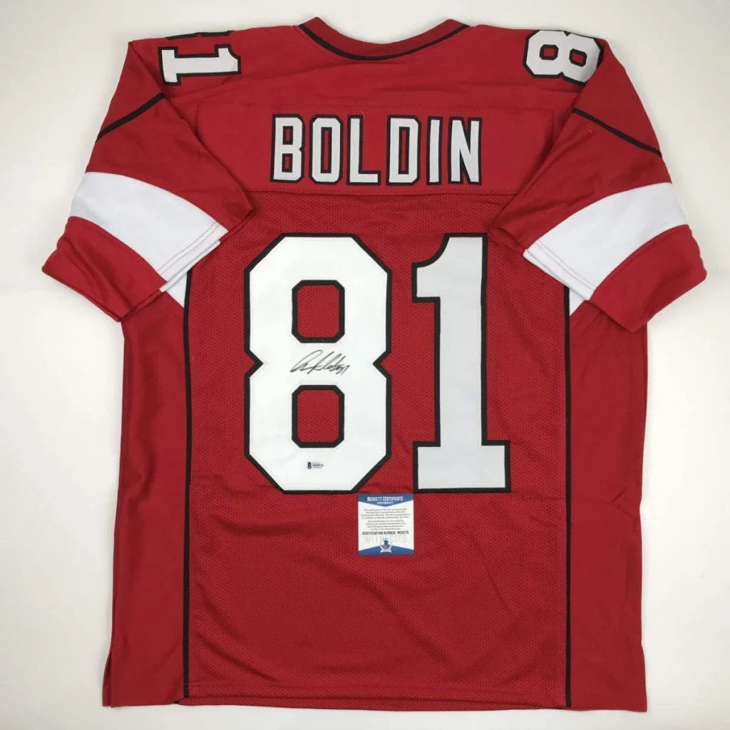 Back of autographed anquan boldin arizona red football custom jersey with white number 81 and black trim professional sports league