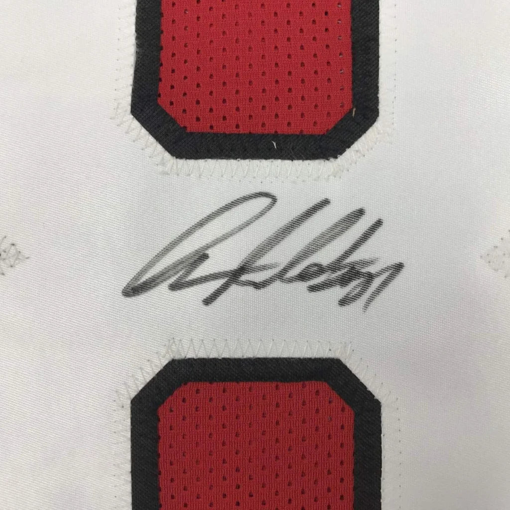 Red and black mesh jersey number patch with stitched signature on autographed anquan boldin arizona custom jersey professional sports league