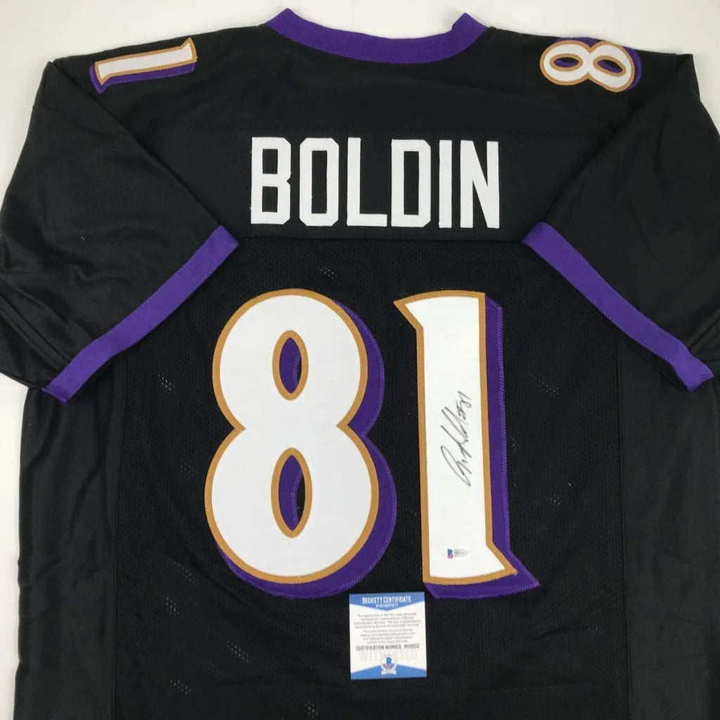 Back view of autographed black baltimore ravens custom jersey with purple and white number 81 and boldin name