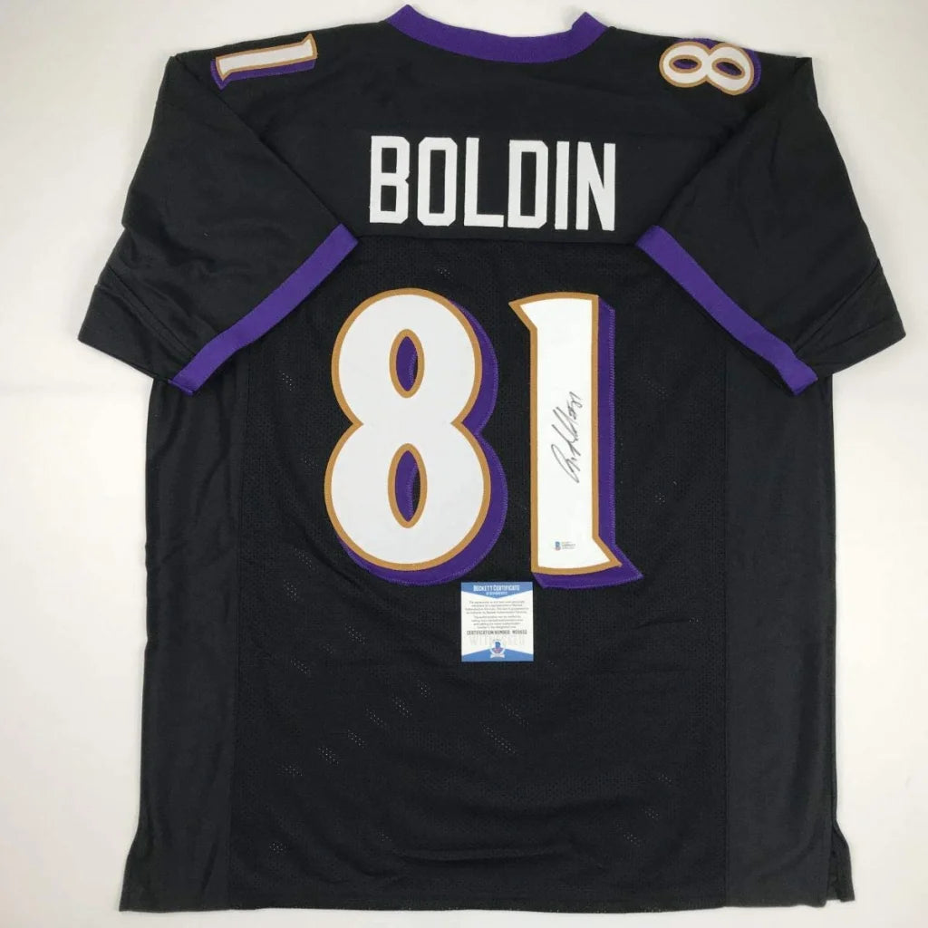 Back of a black custom jersey featuring white and purple number 81 and boldin name with autograph for professional sports league fans
