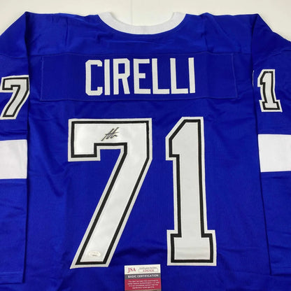 Autographed Anthony Cirelli custom Tampa Bay blue hockey jersey, number 71