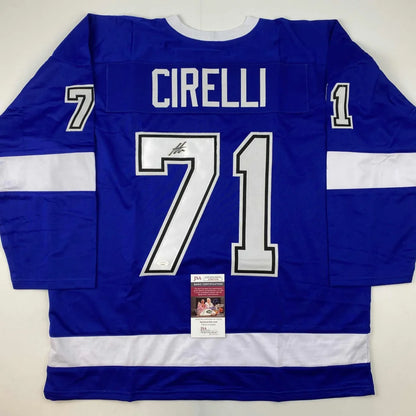 Autographed Anthony Cirelli custom Tampa Bay blue hockey jersey with number 71, professional sports league