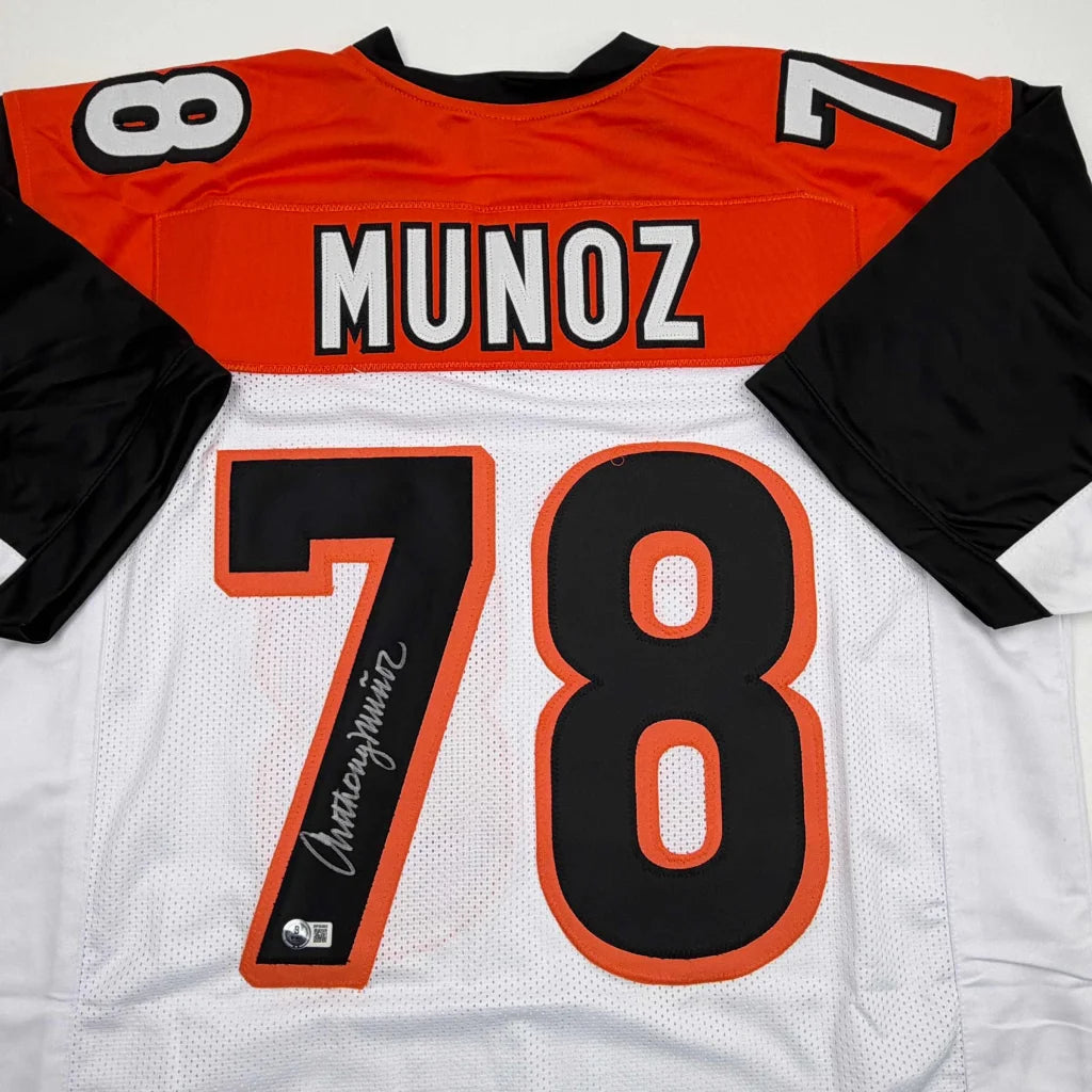 Autographed Anthony Munoz Cincinnati White Football Jersey Beckett BAS COA | Certified Authentic Signed Memorabilia | vintageantiquesgifts.com