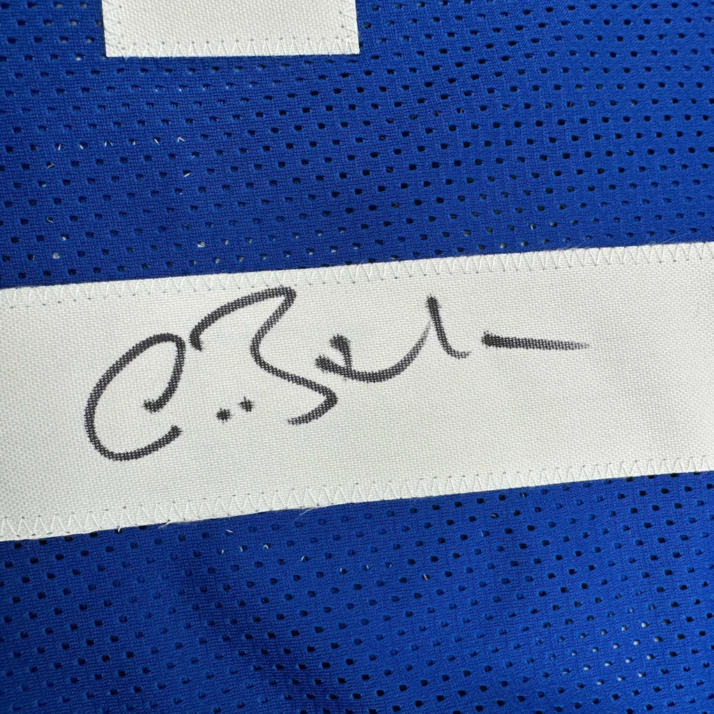 Autographed Antoine Bethea Indianapolis blue custom jersey with black ink signature on stitched white fabric strip, JSA COA