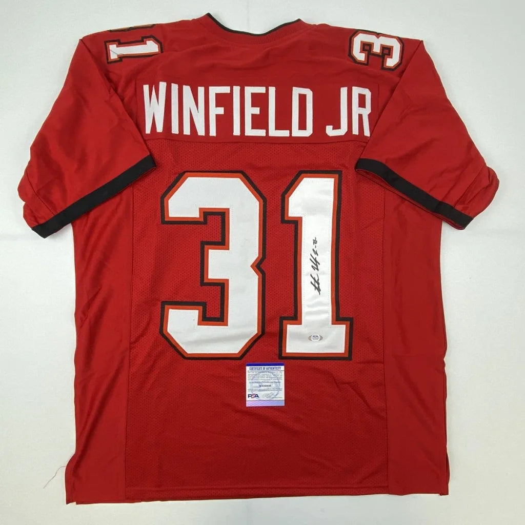 Red custom football jersey with white black trim featuring winfield jr 31 from professional sports league signed