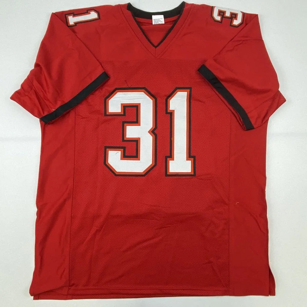 Red autographed Antoine Winfield Jr Tampa Bay custom professional sports jersey with white and black number 31 and v-neck collar