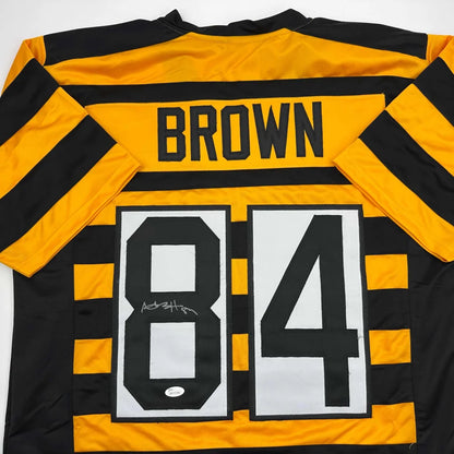 Back of autographed Antonio Brown Pittsburgh Bumble Bee custom jersey, black yellow stripes, Brown 84, JSA COA