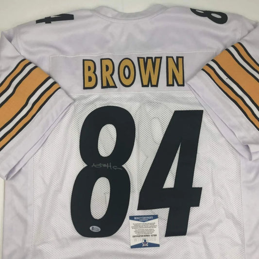 Autographed Antonio Brown Pittsburgh white custom jersey back, number 84, Beckett COA