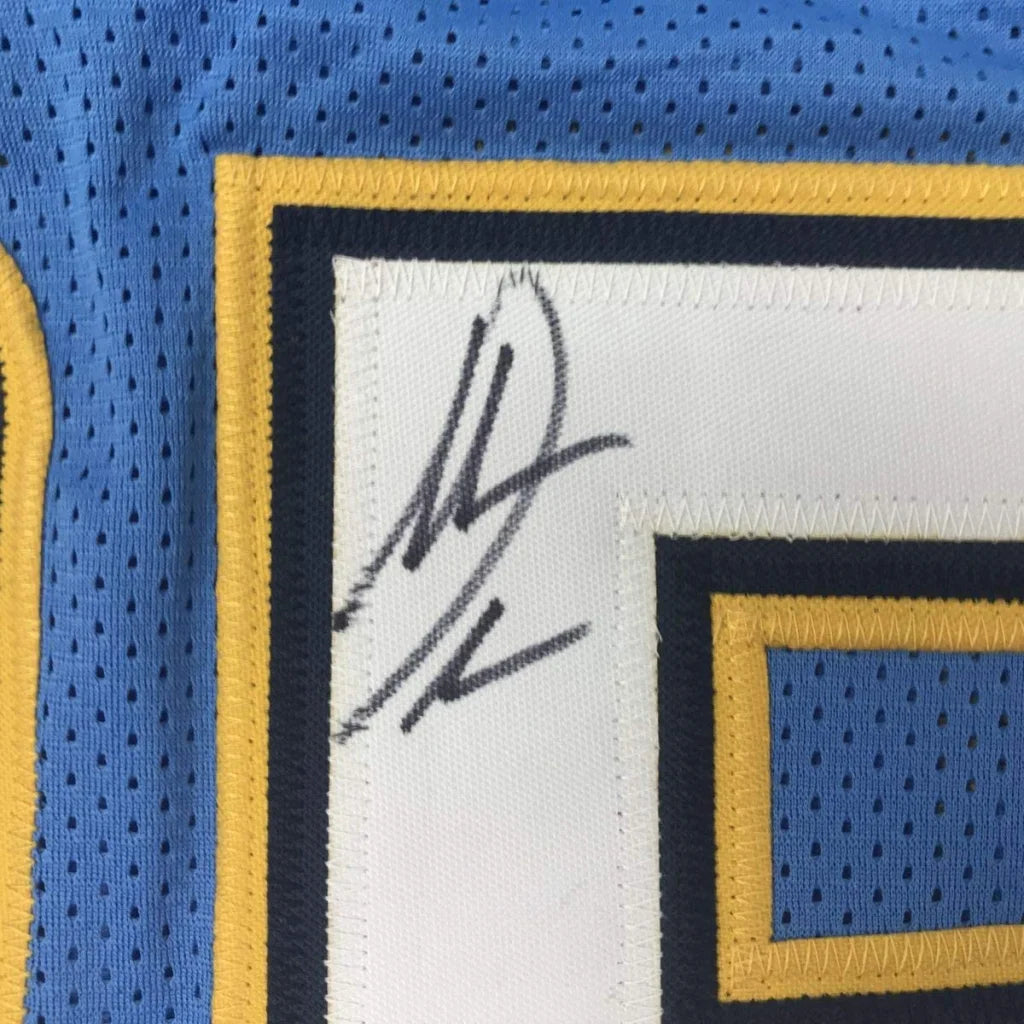Autographed antonio gates los angeles powder blue custom mesh jersey with yellow accents and black signature for professional sports league
