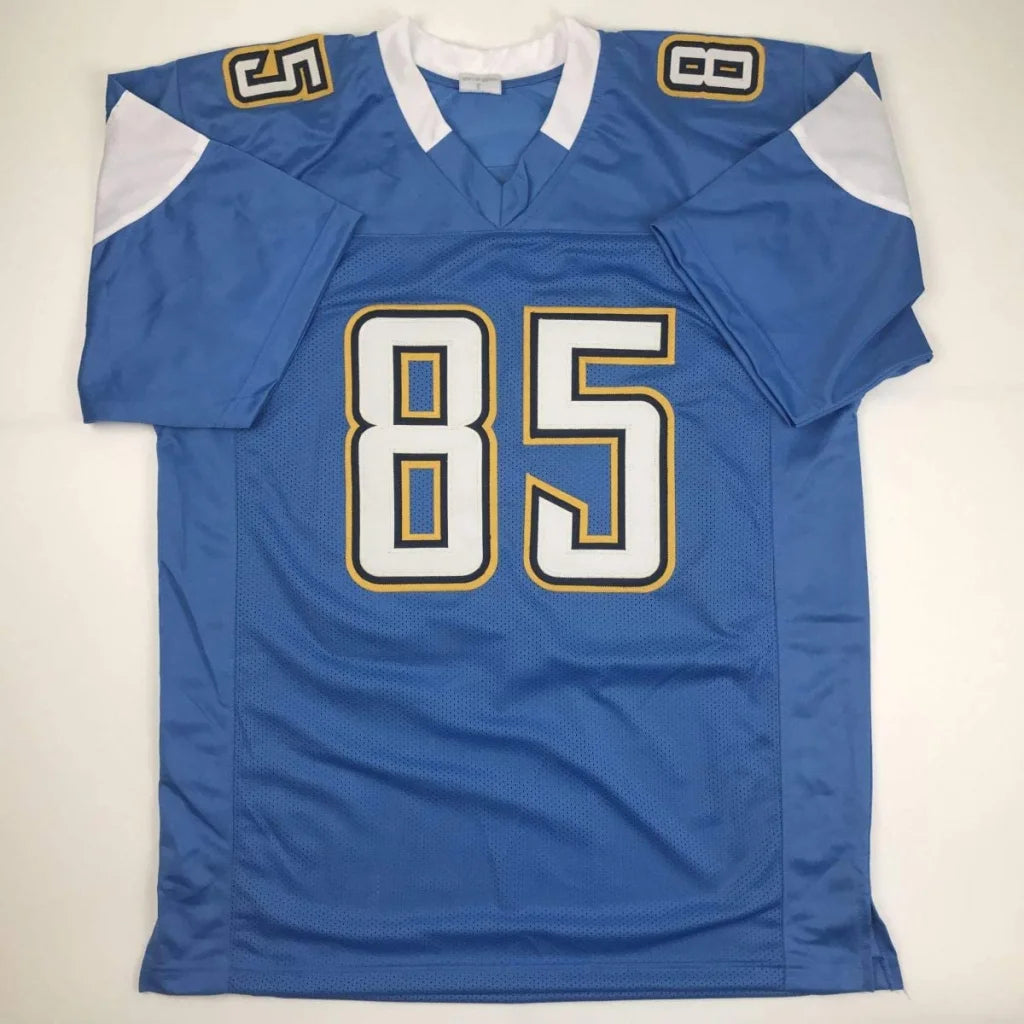 Autographed antonio gates blue football custom jersey with white and gold trim number 85 from professional sports league