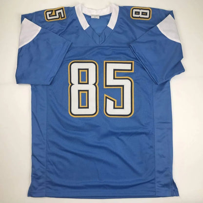 Autographed antonio gates blue football custom jersey with white and gold trim number 85 from professional sports league