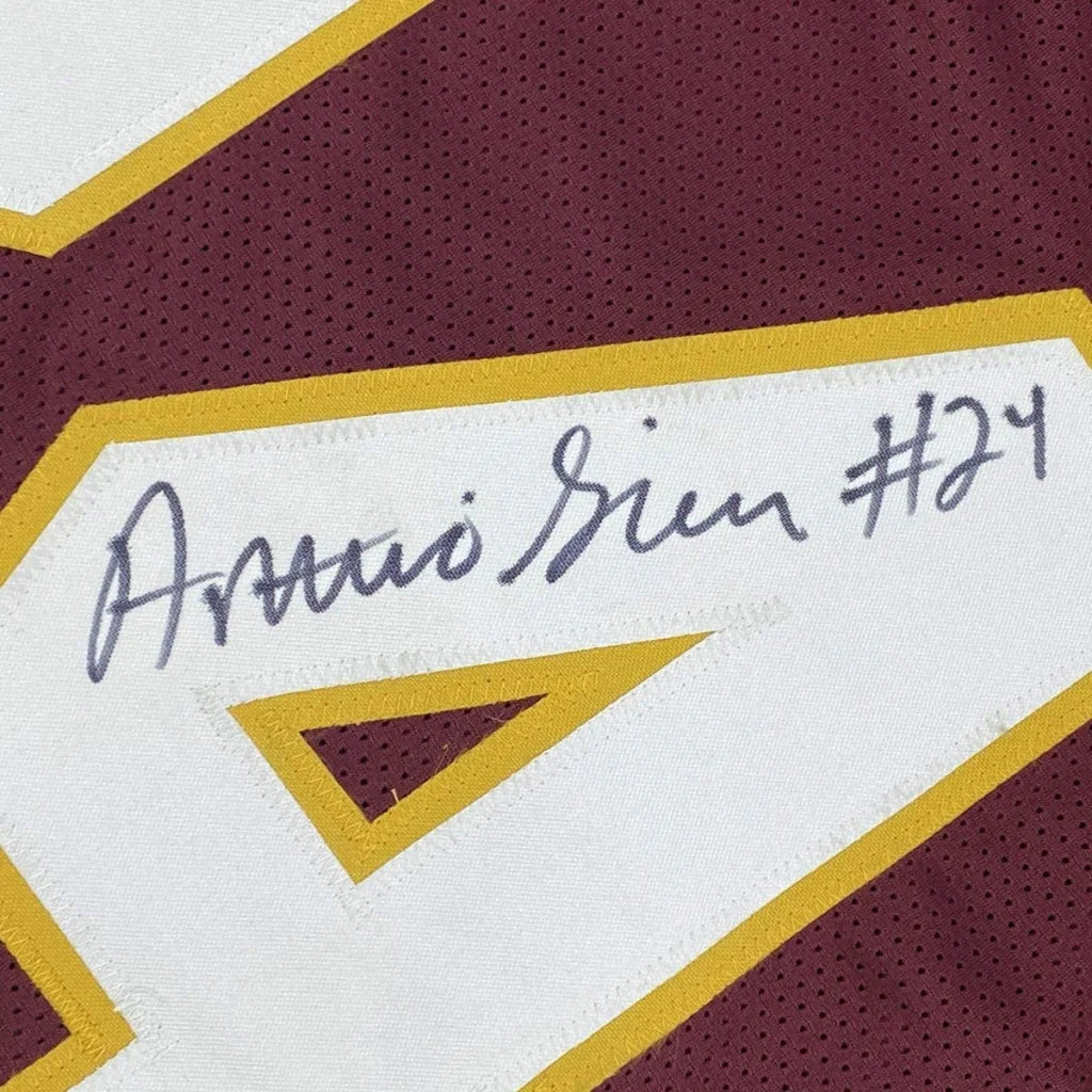 Autographed maroon and gold washington commanders custom jersey with white signature patch and arturo bien 24 ink, professional sports league