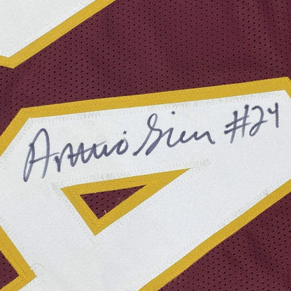 Autographed maroon and gold washington commanders custom jersey with white signature patch and arturo bien 24 ink, professional sports league