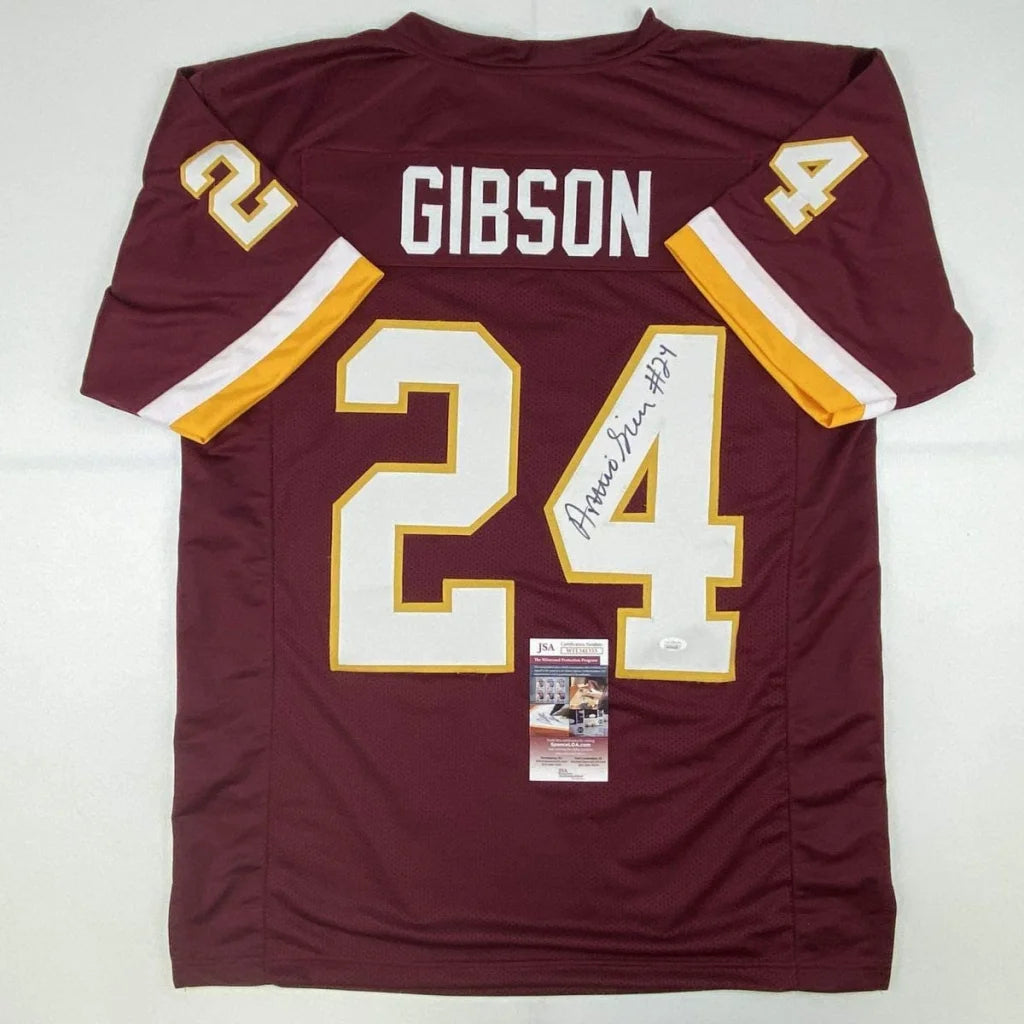 Back view of custom maroon and gold professional sports jersey number 24 gibson autographed for professional sports league fans