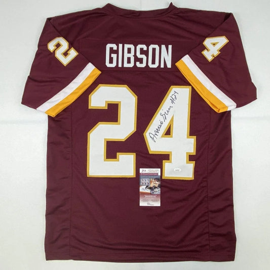 Back view of custom maroon and gold professional sports jersey number 24 gibson autographed for professional sports league fans