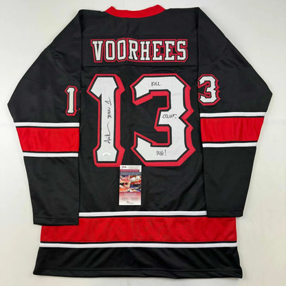 Back side of an autographed ari lehman jason voorhees friday the 13th black movie hockey jersey with number 13