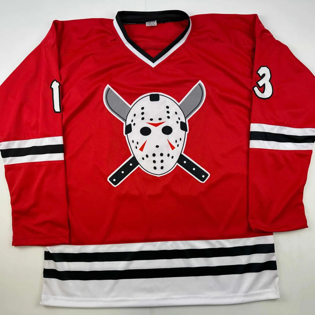 Authentic Voorhees 13 Red Jersey with Jason Voorhees mask and machetes logo, third party authentication