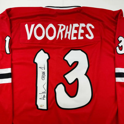 Red Voorhees hockey jersey with 13 and autograph, features third party authentication