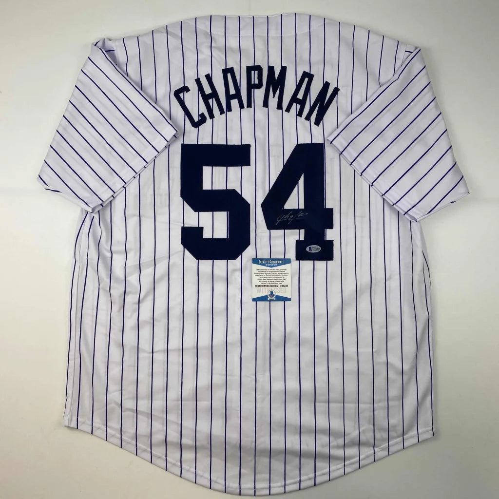 Autographed Aroldis Chapman New York Pinstripe Baseball Jersey Beckett BAS COA | Hall of Fame Sports Memorabilia | vintageantiquesgifts.com