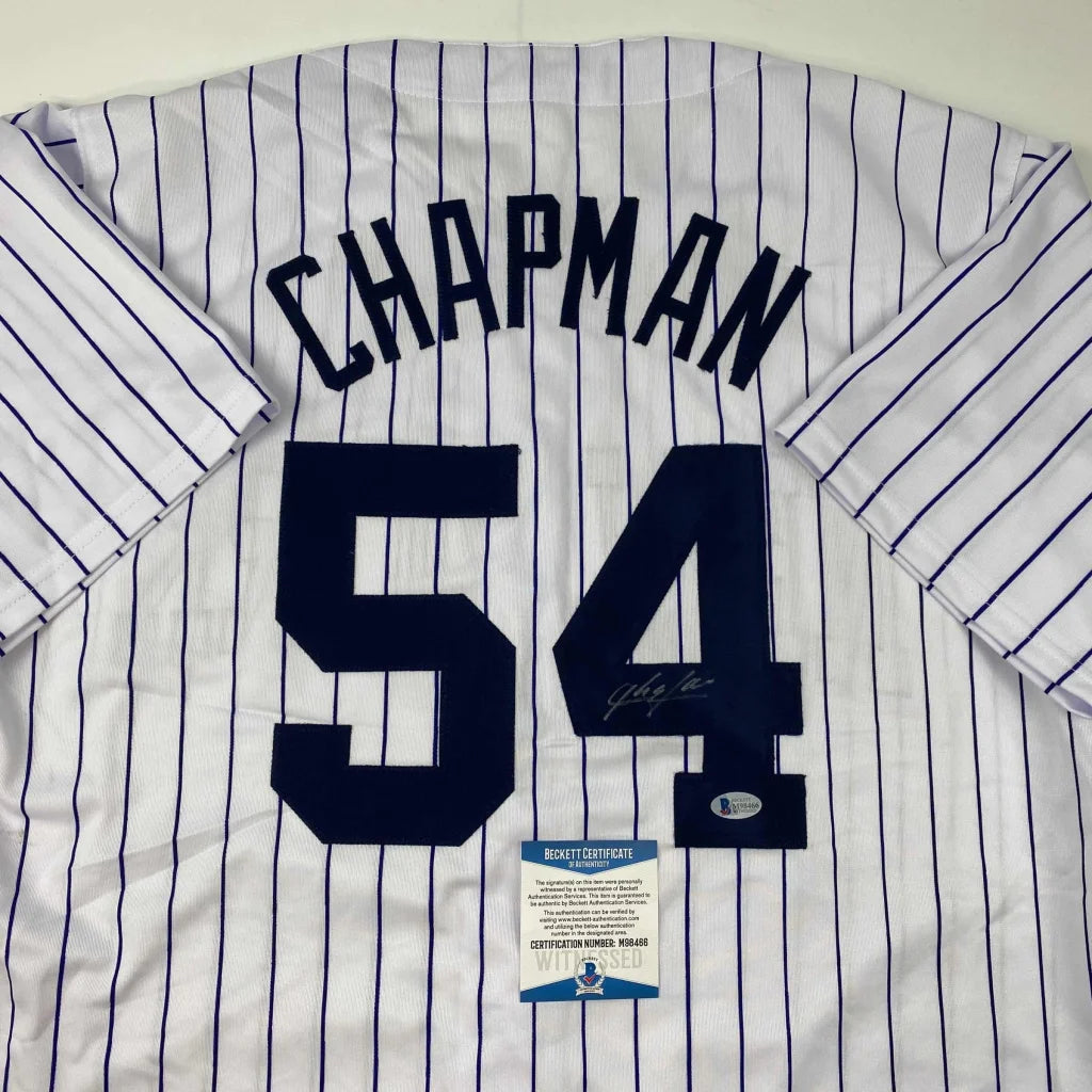 Autographed Aroldis Chapman New York Pinstripe Baseball Jersey Beckett BAS COA | Certified Authentic Signed Memorabilia | vintageantiquesgifts.com