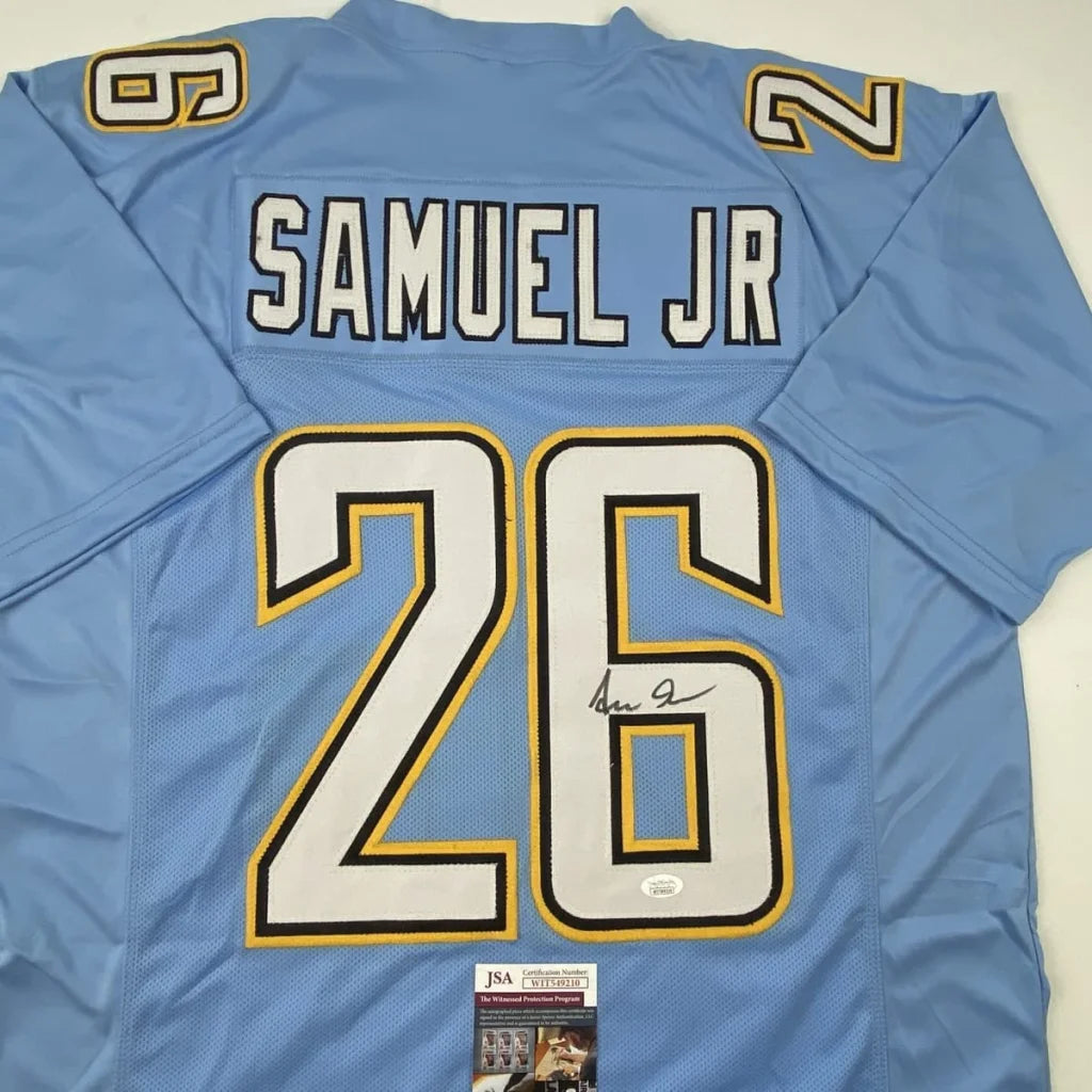 Light blue custom jersey with SAMUEL JR autograph for professional sports fans