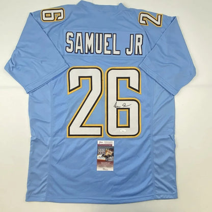 Light blue custom jersey with SAMUEL JR and number 26 autographed for professional sports fans