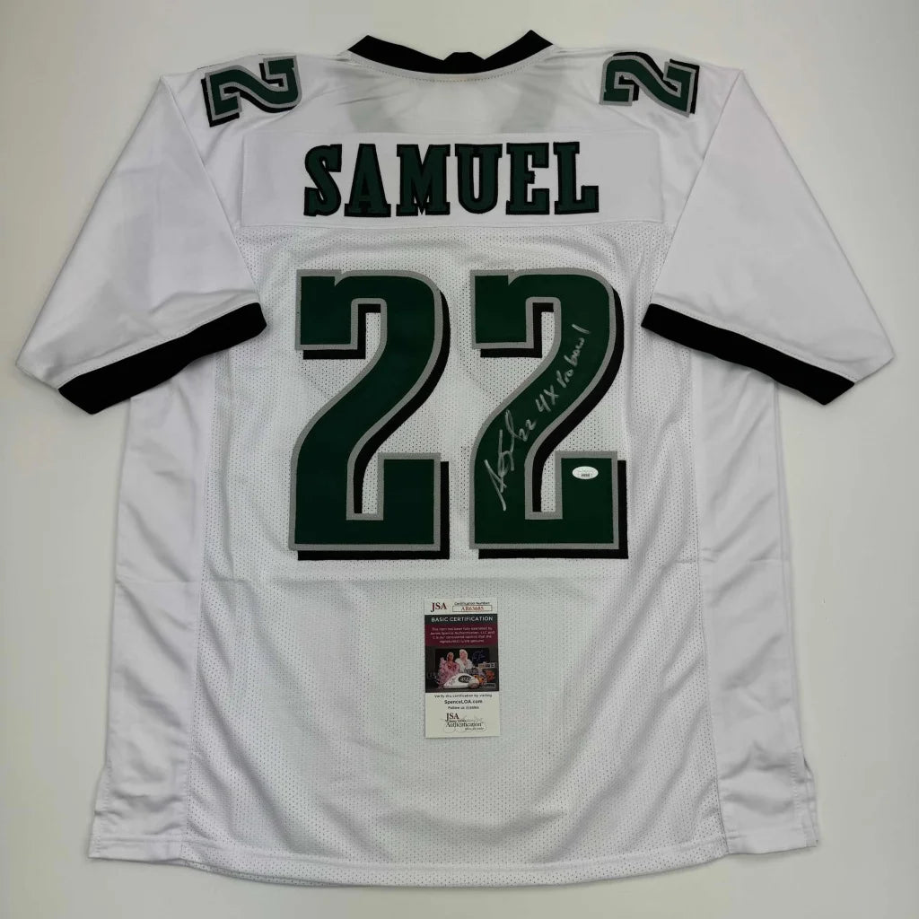 White custom jersey with SAMUEL 22 autograph, sports league style, authentic sticker