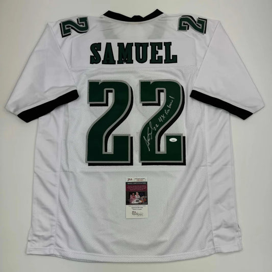 White custom jersey with SAMUEL 22 autograph, sports league style, authentic sticker