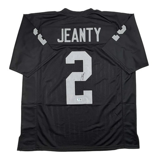 Autographed Ashton Jeanty custom black football jersey with silver number 2