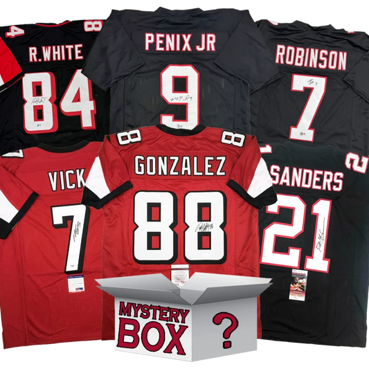 Autographed Atlanta Falcons football jerseys with JSA tags