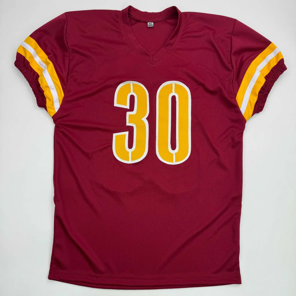 Maroon Ekeler 30 professional sports league jersey with yellow and white stripes, autographed