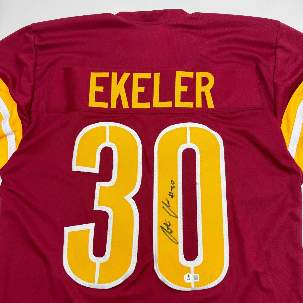 Autographed Austin Ekeler Washington Burgundy Football Jersey Beckett BAS COA | Certified Authentic Signed Memorabilia | vintageantiquesgifts.com